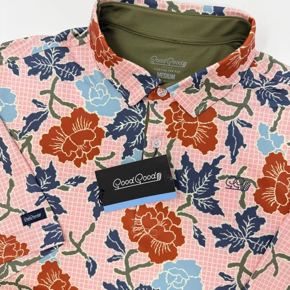 Good Good Golf Pink Canyon Polo Shirt Mens Medium Floral Fighting For Par NEW